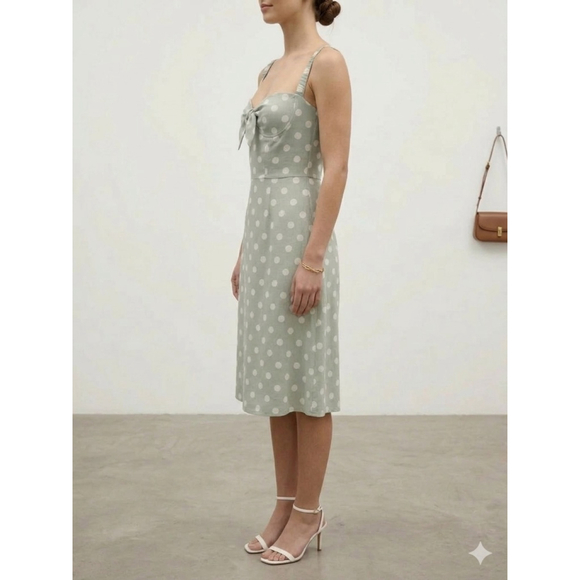 Capulet Sage Green Polka Dot Tie-Front Midi Dress Retro Minimalist Pockets Sz M - Picture 5 of 15